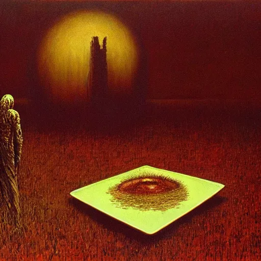 Prompt: aspic on plate, painting by beksinski, bernie wrightson, trending on artstation, horror film, creepypasta