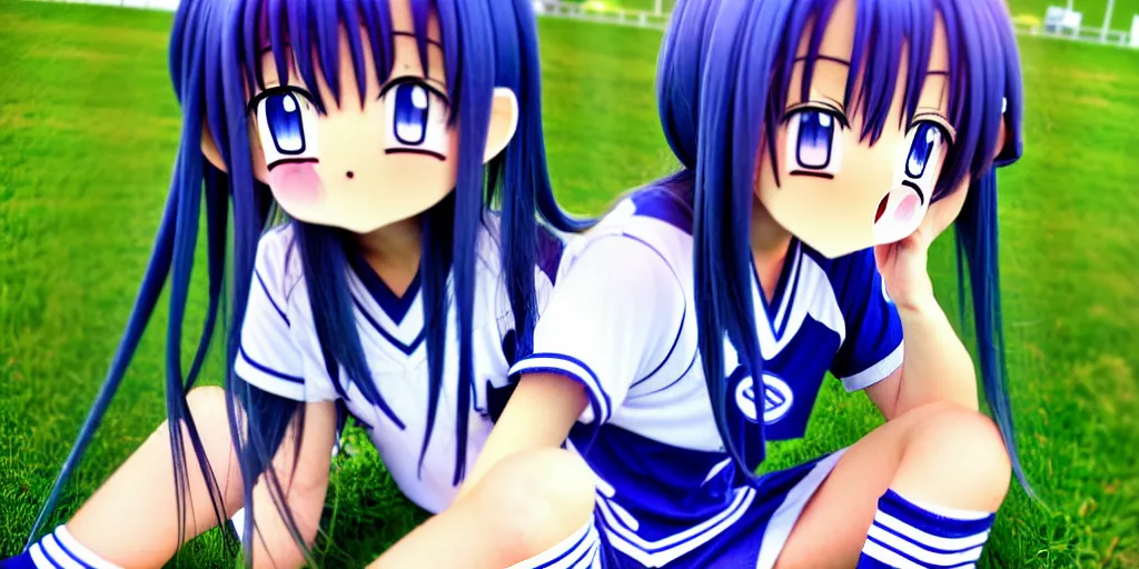 Prompt: A cute young anime girl with long blueish indigo hair, wearing a white soccer uniform with shorts, soccer ball against her foot, sitting on her knees in a large grassy green field, shining golden hour, she has detailed black and purple anime eyes, extremely detailed cute anime girl face, she is happy, child like, kid, black anime pupils in her eyes, Haruhi Suzumiya, Umineko, Lucky Star, K-On, Kyoto Animation, she is smiling and happy, tons of details, sitting on her knees on the grass, chibi style, extremely cute, she is smiling and excited, her tiny hands are on her thighs, she has a cute expressive face