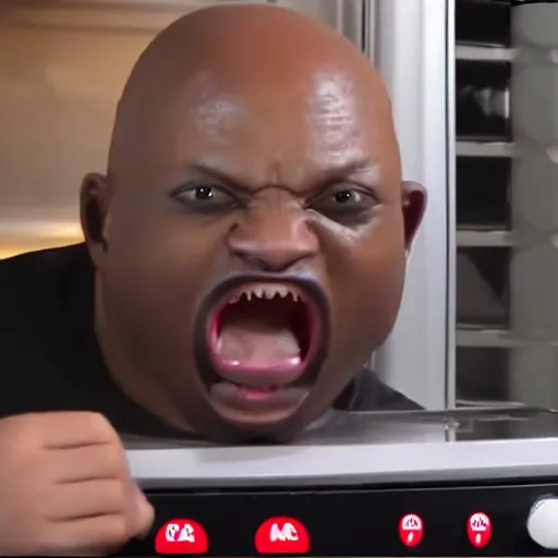 Prompt: a bald black man screaming while putting a screaming chucky doll in the oven, restaurant security cam footage, high definition