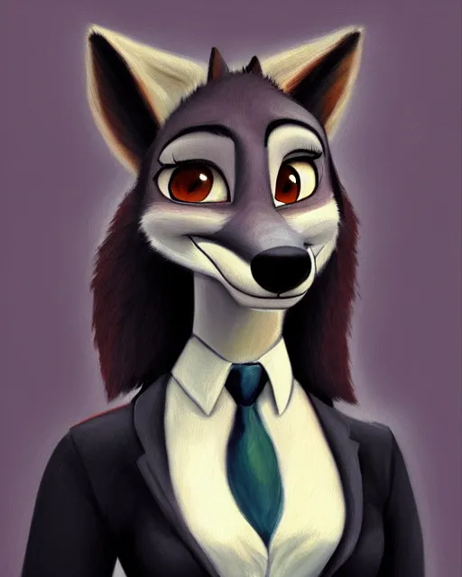 Image similar to oil painting of anthromorphic female wolf, in style of zootopia, female fursona, furry, furaffinity, 4 k, deviantart, furry art, fursona art, wearing black business suit, business suit, wolf fursona, female, very expressive detailed feminine face,