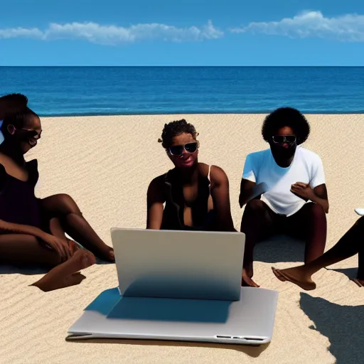 Image similar to group of black people working with macbook sitting on the beach sand, photorealism, ultra detailed, dynamic light