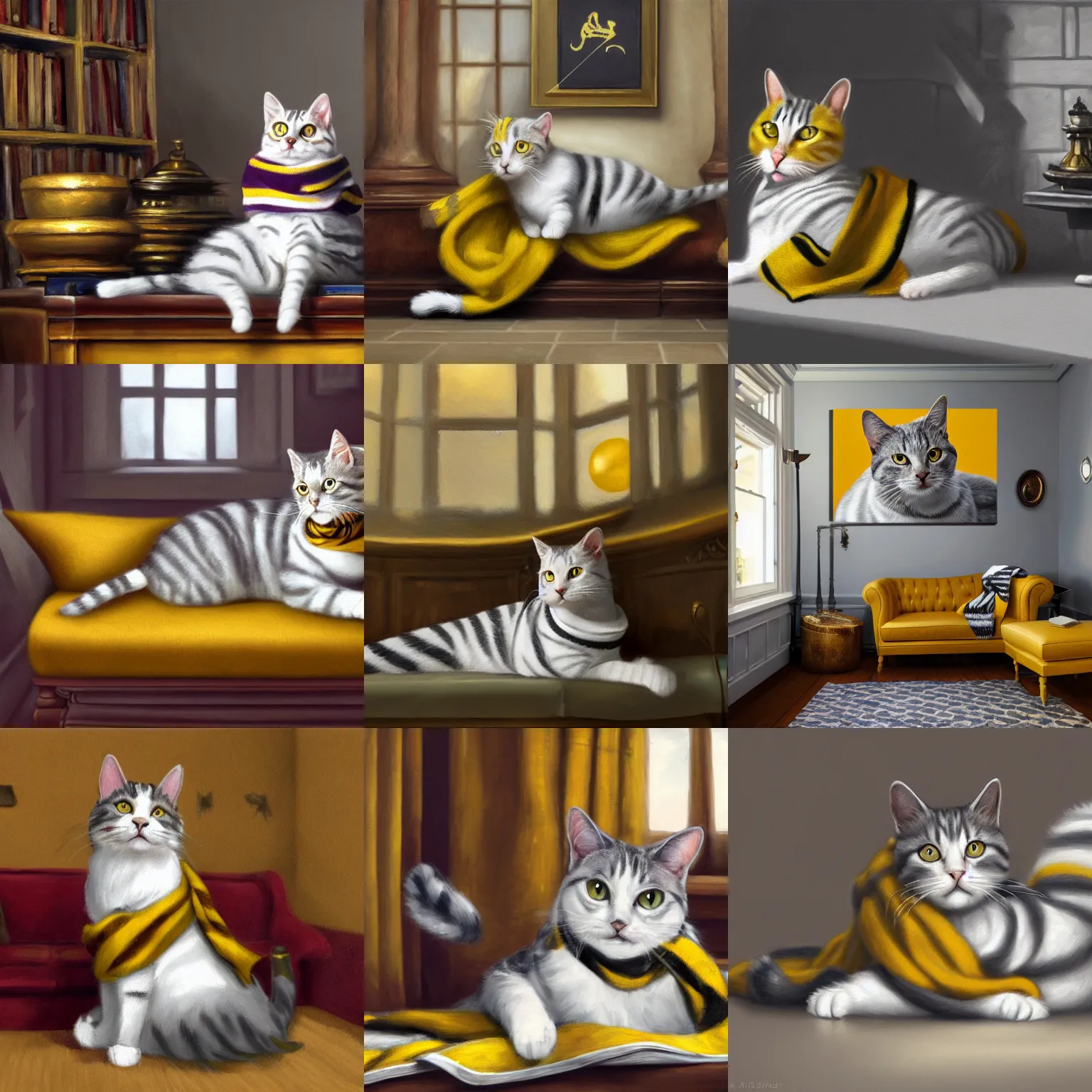 Prompt: oil painting wide shot of a white and grey tabby cat wearing a hufflepuff scarf, lounging in the hufflepuff common room in the style of harry potter, realistic, vray, render, musical notes floating in the background, trending on artstation