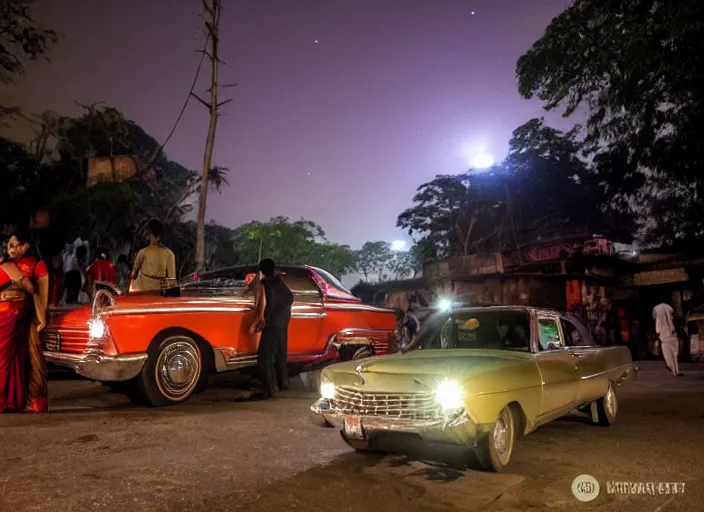 Image similar to a couple are in a chevrolet impala at kamakhya temple, guwahati city ; headlights of a car shine on a strange canyon road, she looks at him with a strange look in her eyes, it's the dead of night, in a distance the lights of a city light the night's sky