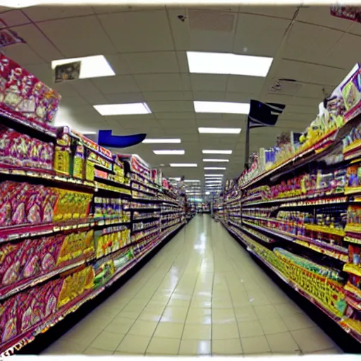 Prompt: supermarket aisles, fisheye lens, color, fluorescent lighting,