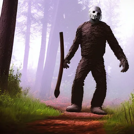 Image similar to jason voorhees fighting bigfoot in the forest, landscape, unreal engine art, hyper realistic