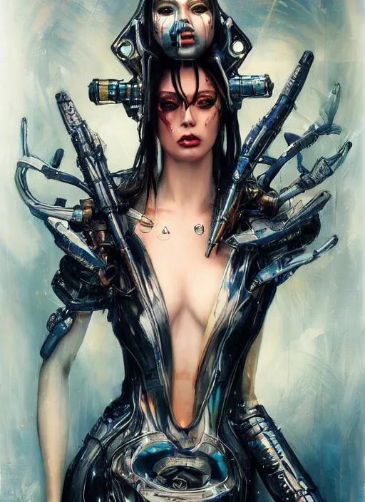 Image similar to a full body beautiful woman wearing a cyberpunk outfit by karol bak, ayami kojima, artgerm, sakimichan, hr giger, blue eyes, weapons, electronics, high tech, cyber wear, latex dress, bandage, concept art, fantasy, cyberpunk