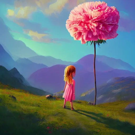 Image similar to giant carnation flower as a head, girl hiking in the mountains, surreal photography, sunrise, dramatic light, impressionist painting, colorful clouds, digital painting, artstation, simon stalenhag