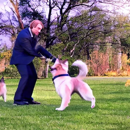 Prompt: Saul Goodman playing with a pomerania dog, open shot, movie still, outdoors, photorealistic, clean, detailed