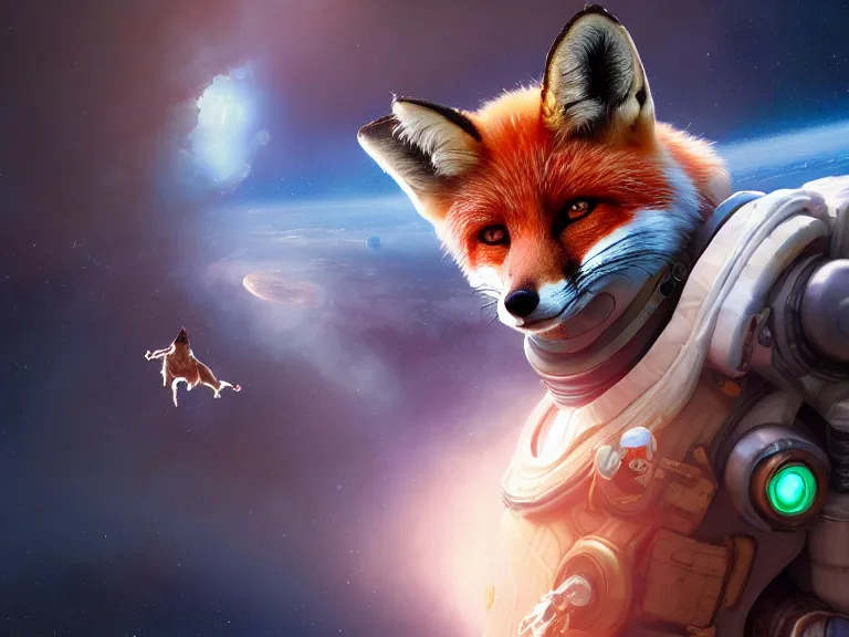 Prompt: fox in space in a spacesuit, RPG Reference, Oil Painting, Trending on Artstation, octane render, Insanely Detailed, 8k, HD