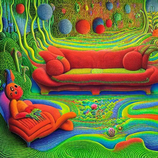 Image similar to psychedelic couch sofa in the lush forest, milky way, designed by moebius, rob gonsalves, gustav dore, giuseppe arcimboldo and carl barks, louis wain, trending on artstation, mediterranean, star, sharp focus, colorful refracted sparkles and lines, soft light, 8 k 4 k