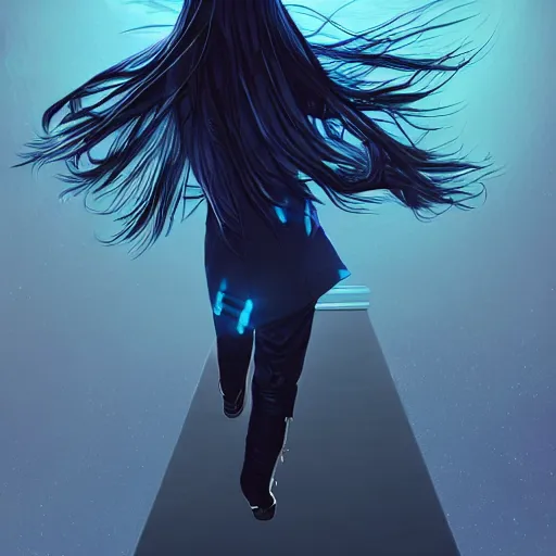 Image similar to low - angle shot from behind of a long blue - haired girl in a tailcoat overlooking the void, combat boots, noir, screenshot, sharp focus, intricate, illustration, cell shaded, digital painting, highly detailed, straight hair, art by ilya kuvshinov, wlop, greg rutkowski, studio quality, james jean
