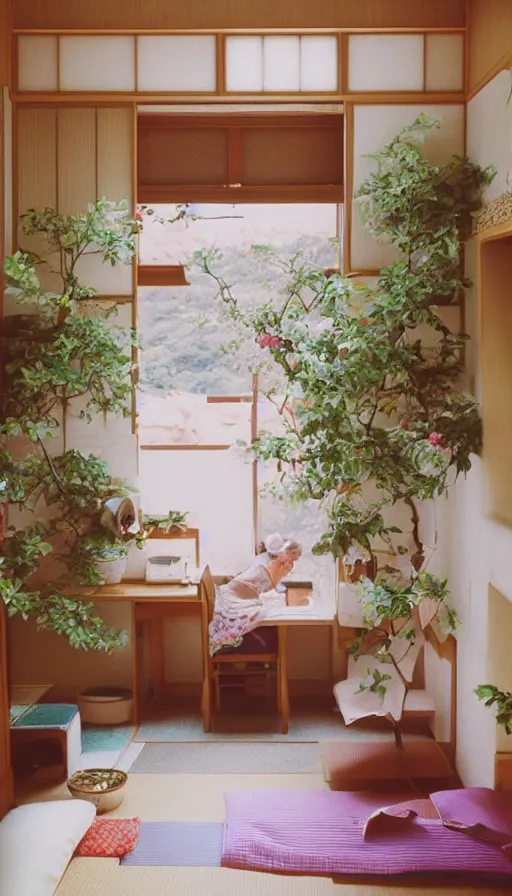 Image similar to 1 9 9 0 s candid 3 5 mm photo of a beautiful day in the a dreamy japanese flowery cottage designed by gucci, cinematic lighting, cinematic look, golden hour, a desk for flower arrangements and journaling has sun shinning on it through a window, temple in the distance, photographed by petra collins, uhd