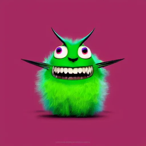 Image similar to cute fluffy demon from pixar, pink, huge green piercing eyes, electricity around,