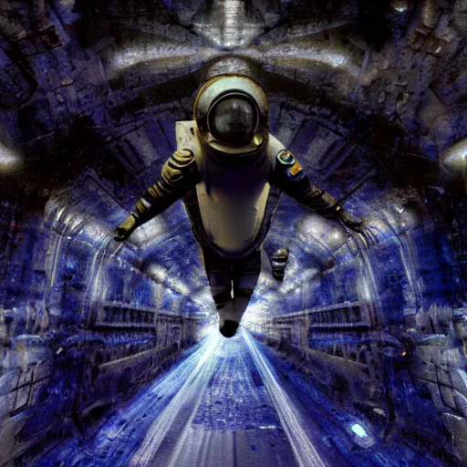 Image similar to concept art by craig mullins astronaut in futuristic dark and empty spaceship underwater. infrared complex and hyperdetailed technical suit. mandelbulb fractal. reflection and dispersion materials. rays and dispersion of light. volumetric light. 5 0 mm, f / 3 2. noise film photo. flash photography. interstellar movie art