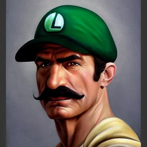 Prompt: An ultra realistic portrait painting of Luigi wearing his cap in the style of Frank Frazetta, 4k, Ultrarealistic, Highly Detailed, Dark Fantasy, Epic Lighting