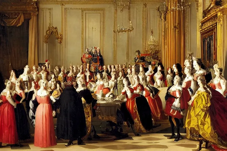 Image similar to the queen of england surrrounded by her court, painting by le nain