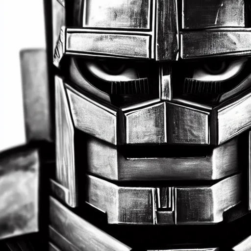 Image similar to symmetrical, close up face portrait of Optimus Prime, scowling, studio lighting, depth of field, photography, black and white, highly detailed