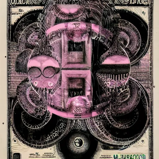 Image similar to post - punk new age album cover, asymmetrical design, frame of a dollar bank notes, capitalism, magic, apocalypse, psychedelic, black white pink, magic, giger h. r., giuseppe arcimboldo