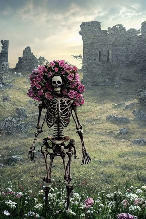 Image similar to a human skeleton full of flowers sitting in a destroyed and ruined throne in a ruined castle at sunrise, concept art, octane render, unreal engine 5, trending on Artstation, high quality, 8K, soft lighting, trending on DeviantArt, highly detailed, digital art, hyperrealistic, path traced, godrays, complementary colors, natural lighting, anatomically correct, five fingers