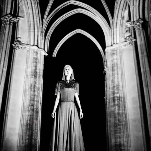 Image similar to intense medium shot of rosamund pike as a vampire in a gothic cathedral at night, gloomy, cinematic, ground mist, volumetric light.