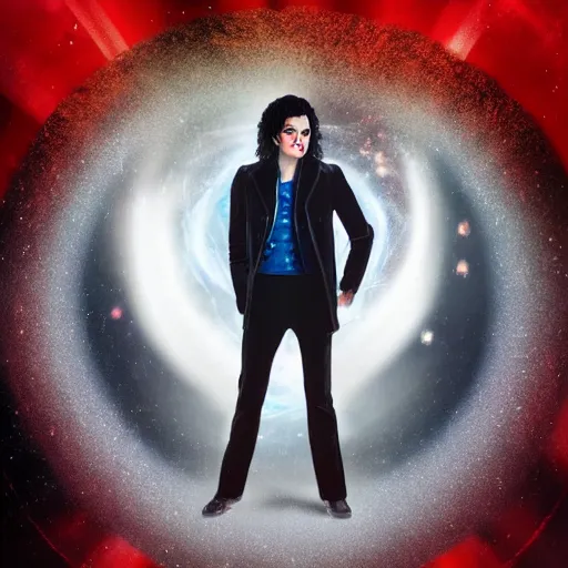 Image similar to a full body photograph of michael jackson as'doctor who ', time vortex in the background, detailed face, symmetrical face, extreme realism and detail, 8 k, completely framed, direct lighting, 3 5 mm photo, photorealistic, sharp focus