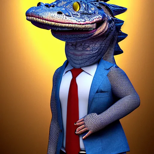 Image similar to anthropomorphic alligator wearing a vest, cinematic lighting, digital art