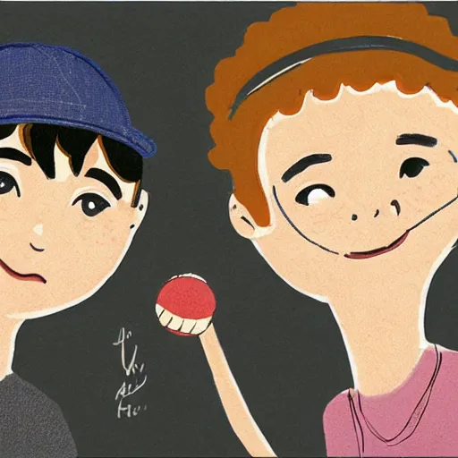 Prompt: a boy and a girl, the boy is bald with a brown baseball hat, the girl has short curly black hair, there is also a white cat, art by Carles Dalmau