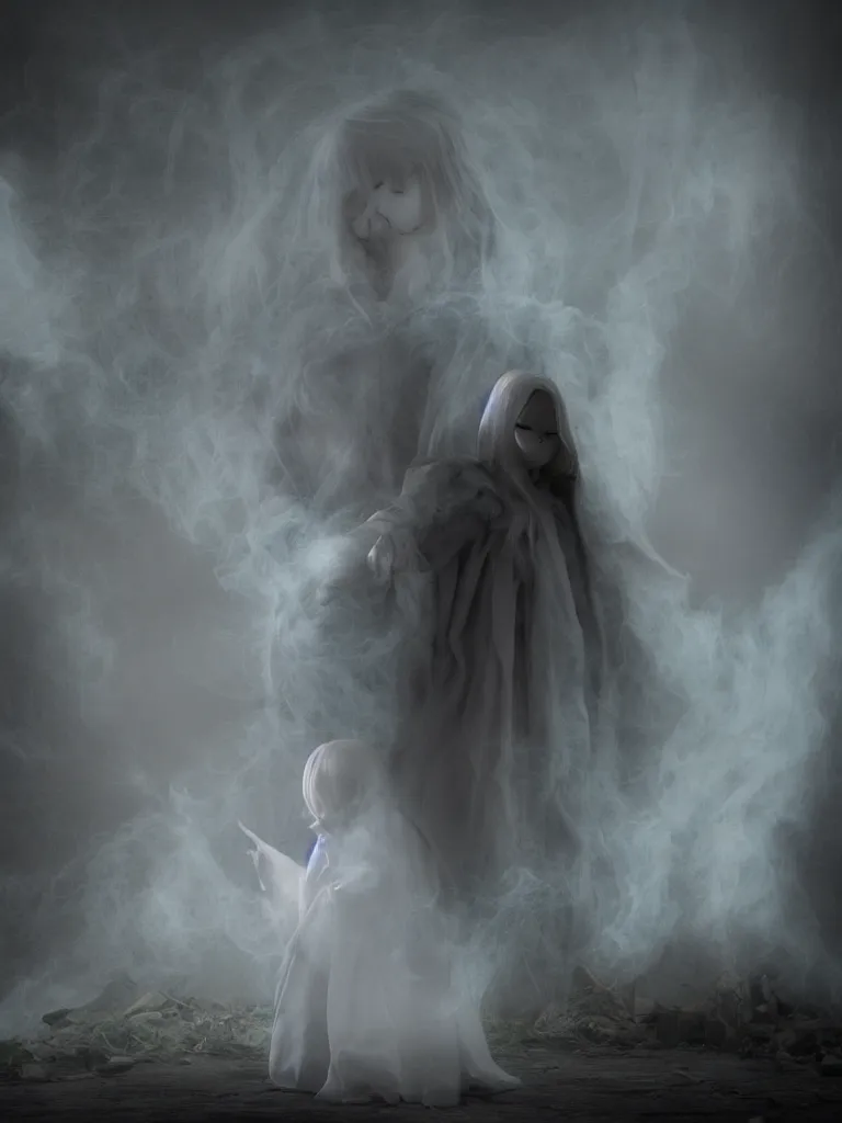Prompt: cute fumo plush gothic angel maiden girl ghost wraith making an apparition in an abandoned church, wisps of smoke and glowing volumetric fog, vignette, orthographic, vray