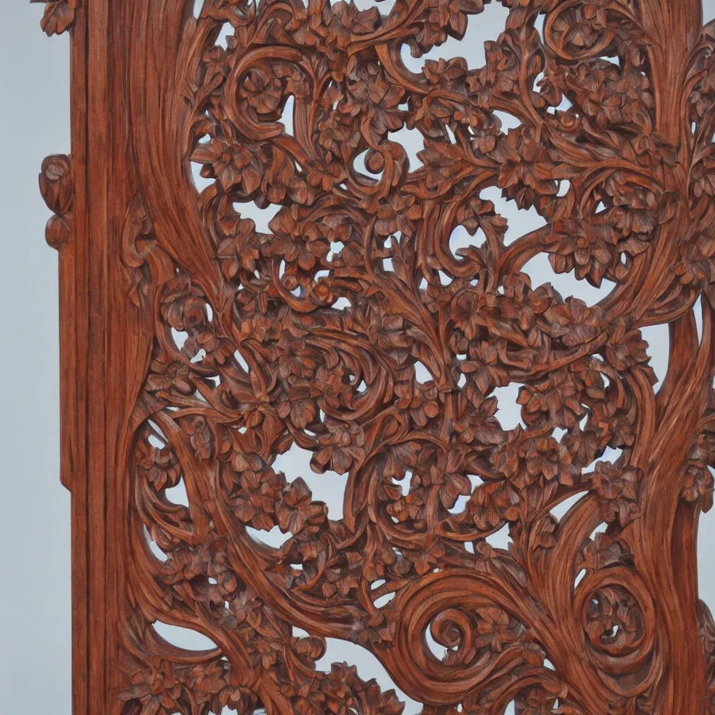 Image similar to a 3 d wooden mahogany art nouveau carved sculpture of a delicate sakura tracery pattern, intricate and highly detailed, well - lit, ornate, realistic, polished with visible wood grain