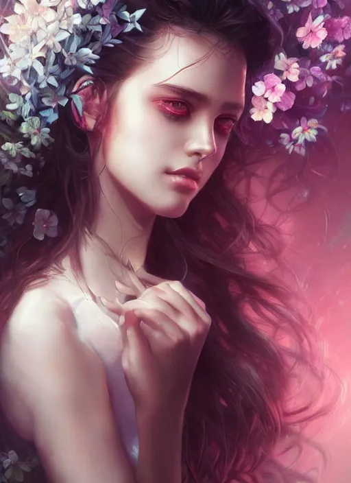 Prompt: beautiful, young woman, extremely detailed gorgeous face, looks realistic, hyper-detailed portrait, sad eyes tears, vaporwave aesthetic, synthwave, magical, fantasy, flowers, artist Artgerm and Greg Rutkowski and WLOP