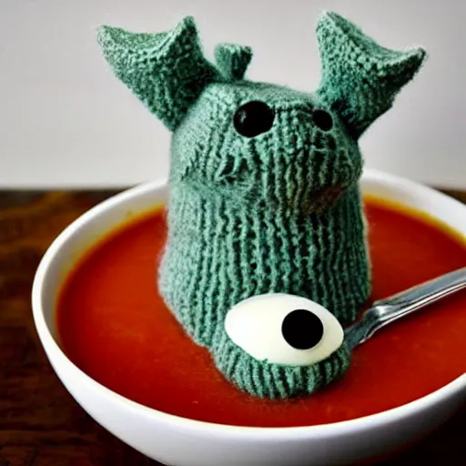 Prompt: a bowl of soup that looks like a monster that is knitted out of wool