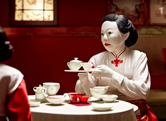 Prompt: movie still of a woman made out of porcelain sitting at a table in a cafe, wearing a red cheongsam, smooth white skin, creepy, tea set in foreground, directed by Guillermo Del Toro