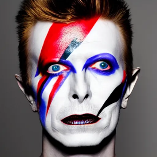 Prompt: david bowie face painted into one side white one side black singing into microphone on top of a spaceship