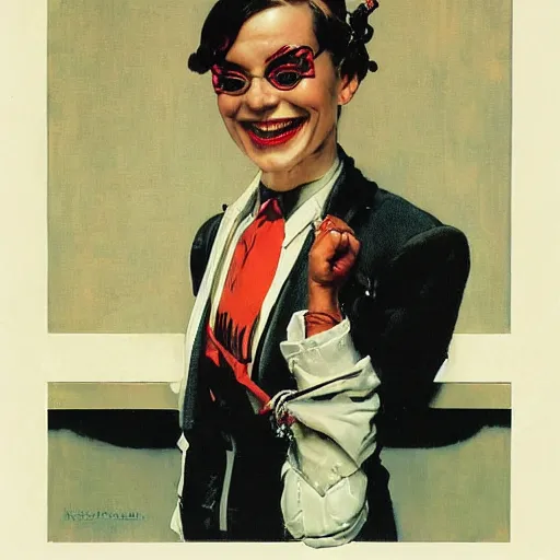 Prompt: portrait of a dapper cyberpunk woman, with a smile that hurts her face, by norman rockwell