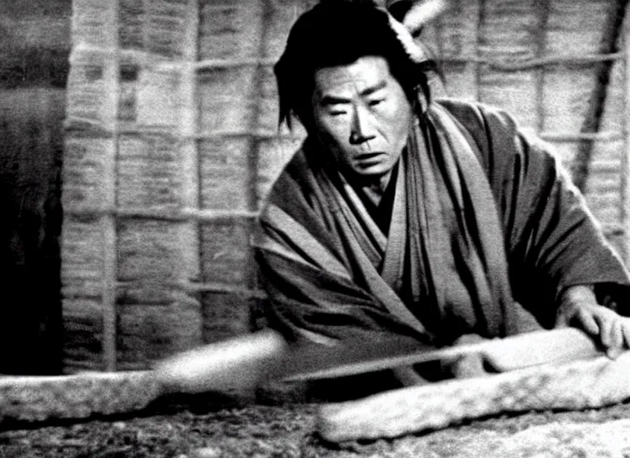 Image similar to a movie still of a samurai slicing through a loaf of bread, a movie by Akira Kurosawa