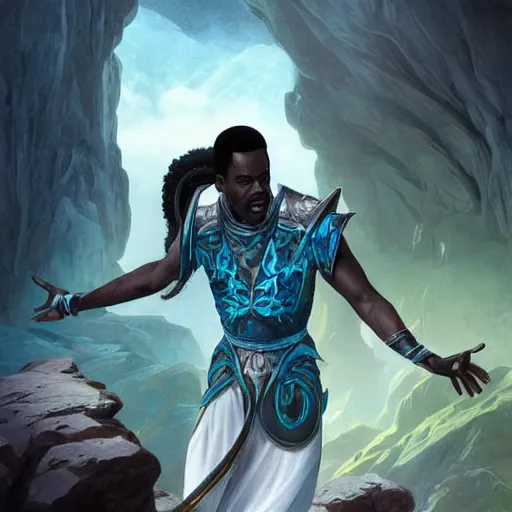 Image similar to chris rock as teferi, in the style of magic the gathering, glacier landscape, d & d, fantasy, intricate, elegant, highly detailed, digital painting, artstation, concept art, matte, sharp focus, illustration, art by artgerm and greg rutkowski and alphonse mucha