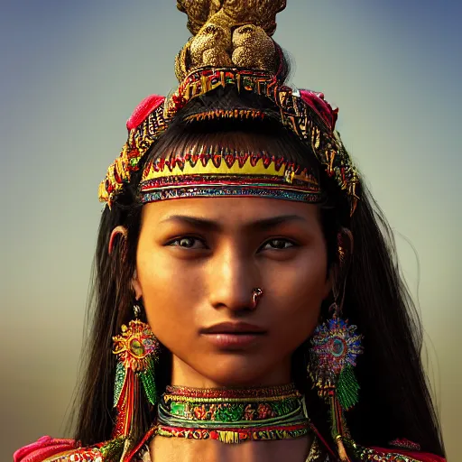 Image similar to portrait of a stunningly beautiful alluring and attractive nepalese tribal female maiden, depth of field, zeiss lens, detailed, symmetrical, centered, fashion photoshoot, by annie leibovitz and steve mccurry, david lazar, jimmy nelsson, breathtaking, 8 k resolution, extremely detailed, beautiful, establishing shot, artistic, hyperrealistic, beautiful face, octane render