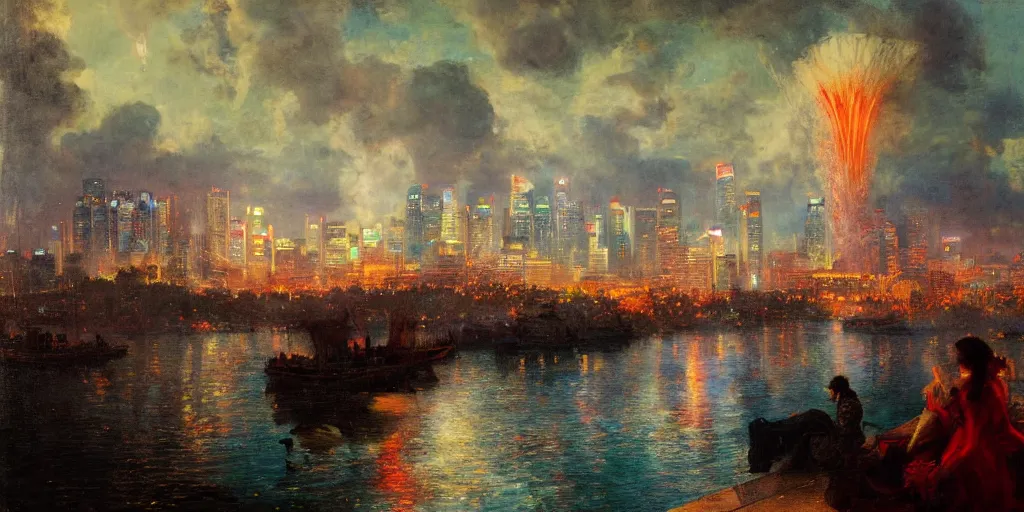 Image similar to painting of Singapore city with a lion-shaped cloud in the sky and fireworks in the sky, red and white lighting by Solomon Joseph Solomon and Richard Schmid and Jeremy Lipking victorian genre painting full length portrait