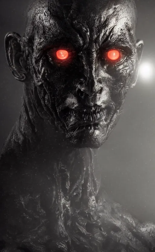 Prompt: a close up sci fi horror quarter - length portrait of dark figure surrounded by darkness and mist, horror movie poster, cinematic lighting, smooth, high detail, glowing eyes, studio quality, highly detailed, centered, octane render, by alexandros pyromallis, fog volumes, metal panels, greeble detail, frank frazetta, cgsociety