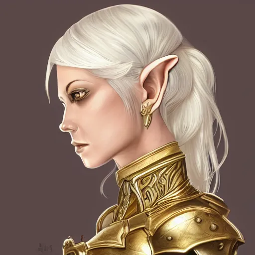 Prompt: side portrait!!! of a female elven warrior, fantasy, head tilted down, white hair, gold armour, gold jewelry, white skin, detailed face, trending on artstation, gsociety, D&D, elegant, highly detailed, sophisticated, hyperrealistic!!!!!, detailed illustration, smooth, sharp focus, upper body, intricate, rule of thirds, holy glow, backlit, hd 4k by Greg Rutkowski, Charlie Bowater, Karol Bak