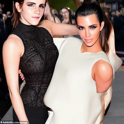 Image similar to a woman who is a genetic combination of emma watson and kim kardashian, face and upper - body focus