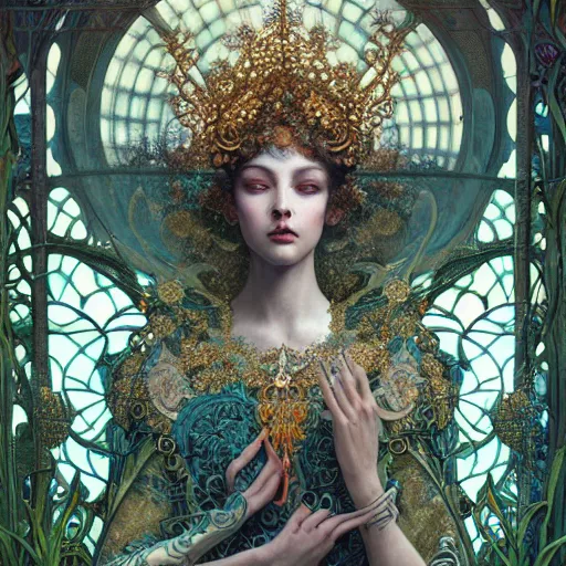 Prompt: absolutely beautiful empress, intricate, elegant, hyper detailed, finely detailed beautiful angelic symmetry face delicate, smooth, sharp focus, award - winning, masterpiece, in bloom greenhouse, shining light came in through the window, style of tom bagshaw, cedric peyravernay, peter mohrbacher, louis comfort tiffany, victo ngai, 4 k hd illustrative wallpaper