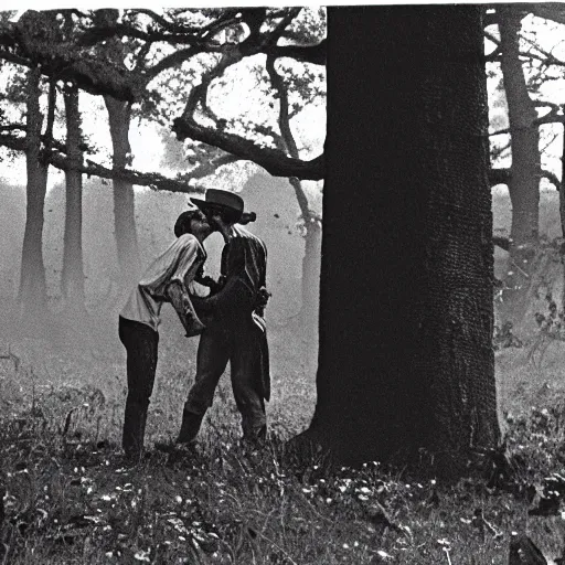 Image similar to cowboys kissing on the woods, 8 0 s, film photograph