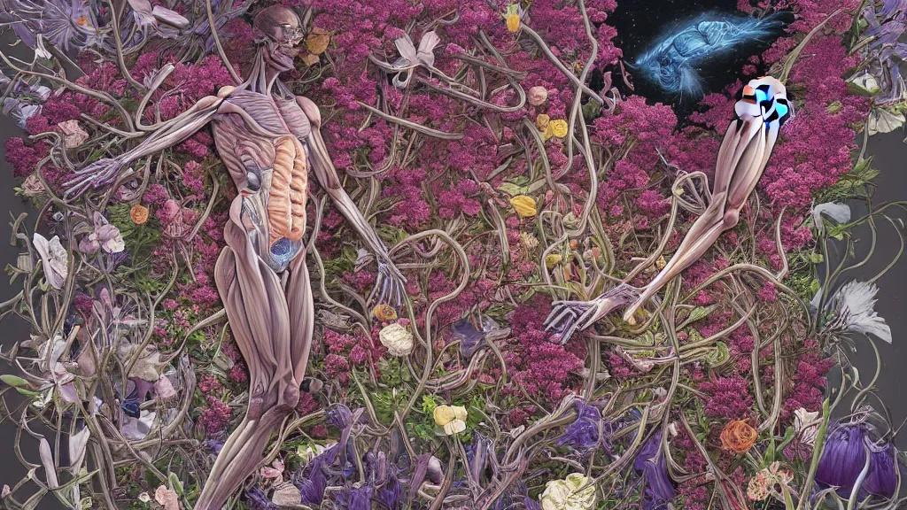 Image similar to highly detailed illustration of a human anatomy body exploded by all the known species of flowers by juan gatti, by makoto shinkai, by moebius!, by oliver vernon, by joseph moncada, by damon soule, by manabu ikeda, by kyle hotz, by dan mumford, by kilian eng