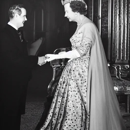 Prompt: Black and White photograph of Queen Elizabeth the second holding hands with Satan, 4k, highly detailed, 1952