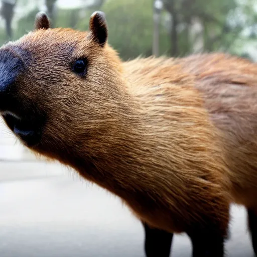 Image similar to a high quality photo of an antropomorphic capybara wearing a suit, 8k, digital art