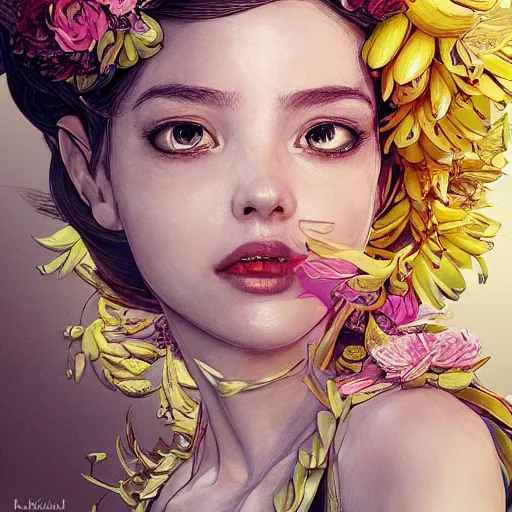 Image similar to the portrait of an absurdly beautiful, graceful, elegant, and perky young woman made of bananas and petals, an ultrafine detailed illustration by kim jung gi, irakli nadar, intricate linework, bright colors, octopath traveler, final fantasy, angular, unreal engine 5 highly rendered, global illumination, radiant light, detailed and intricate environment