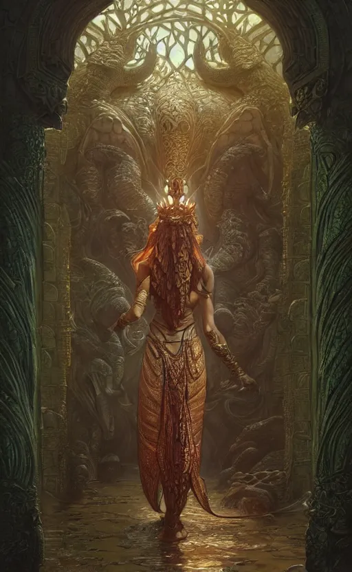 Image similar to crocodile godess in temple entrance, reptilian skin, d & d, fantasy, intricate, elegant, highly detailed, digital painting, artstation, concept art, matte, sharp focus, illustration, art by artgerm and greg rutkowski and alphonse mucha