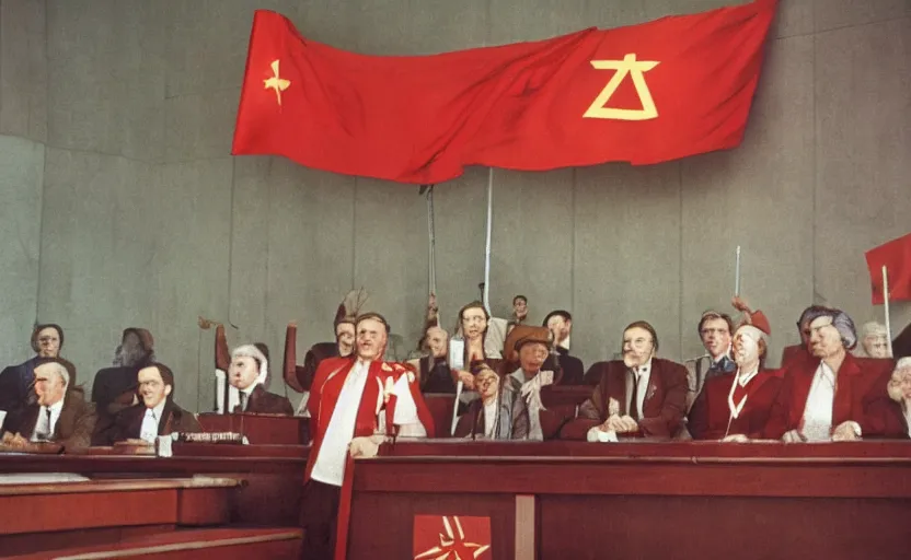 Prompt: 60s movie still of a stalinist style sovietic parlement with a giant USSR flag, by Irving Penn , cinestill 800t 35mm eastmancolor, heavy grainy picture, very detailed, high quality, 4k, HD criterion, precise texture, panoramic, cinematic