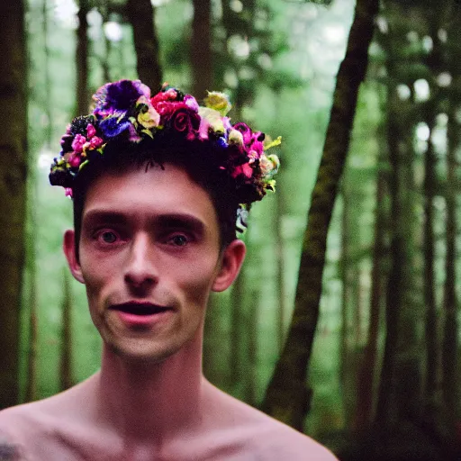 Image similar to close up kodak portra 4 0 0 photograph of a skinny guy standing in a dark forest, flower crown, flower covering mouth, moody lighting, telephoto, 9 0 s vibe, blurry background, vaporwave colors, faded!,